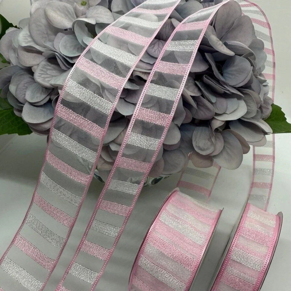 Стрічка декоративна органзова 4 см (5*20 ярдів/18,28 м.), №14 рожевий+білий