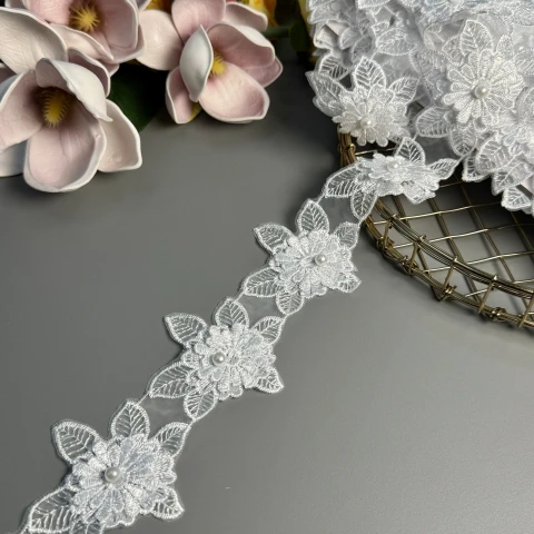 Мереживо поліестер 3D МD61 6,5 см.(10 ярдів/9.1 м.), білий