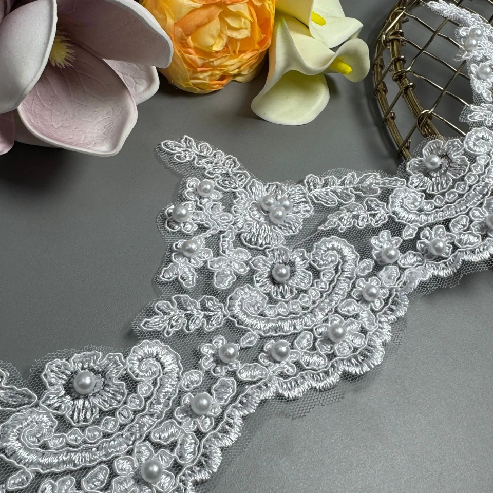 Мережево з кордовую ниткою Т600009А+перли 12 см. (16 ярдів/14.6 м.), білий