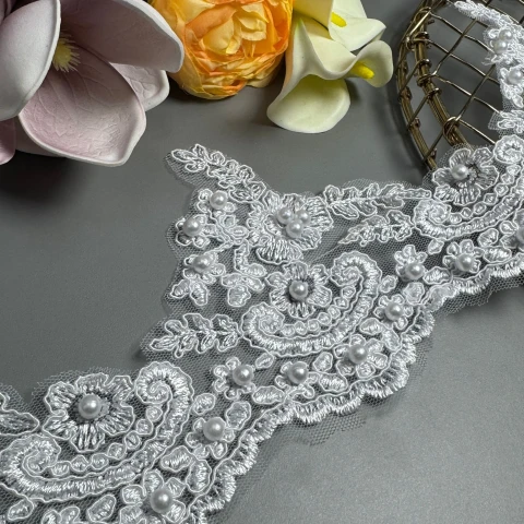 Мережево з кордовую ниткою Т600009А+перли 12 см. (16 ярдів/14.6 м.), білий