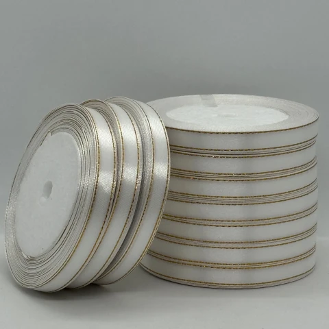 Стрічка атласна з люрекс 1 см+золото (10*25 ярдів), айворі (білий)