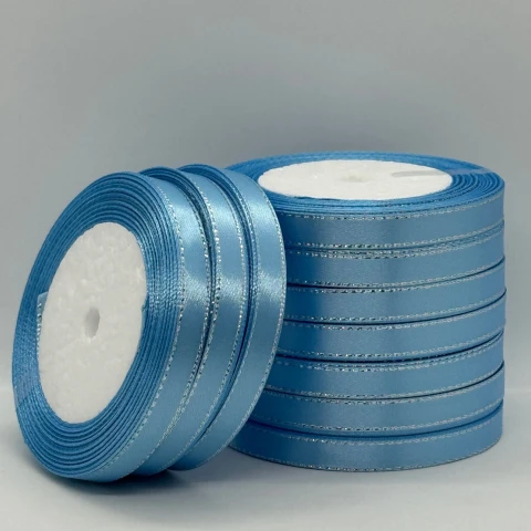 Лента атласная с люрекс 1 см+серебро (10*25 ярдов), 187 голубой