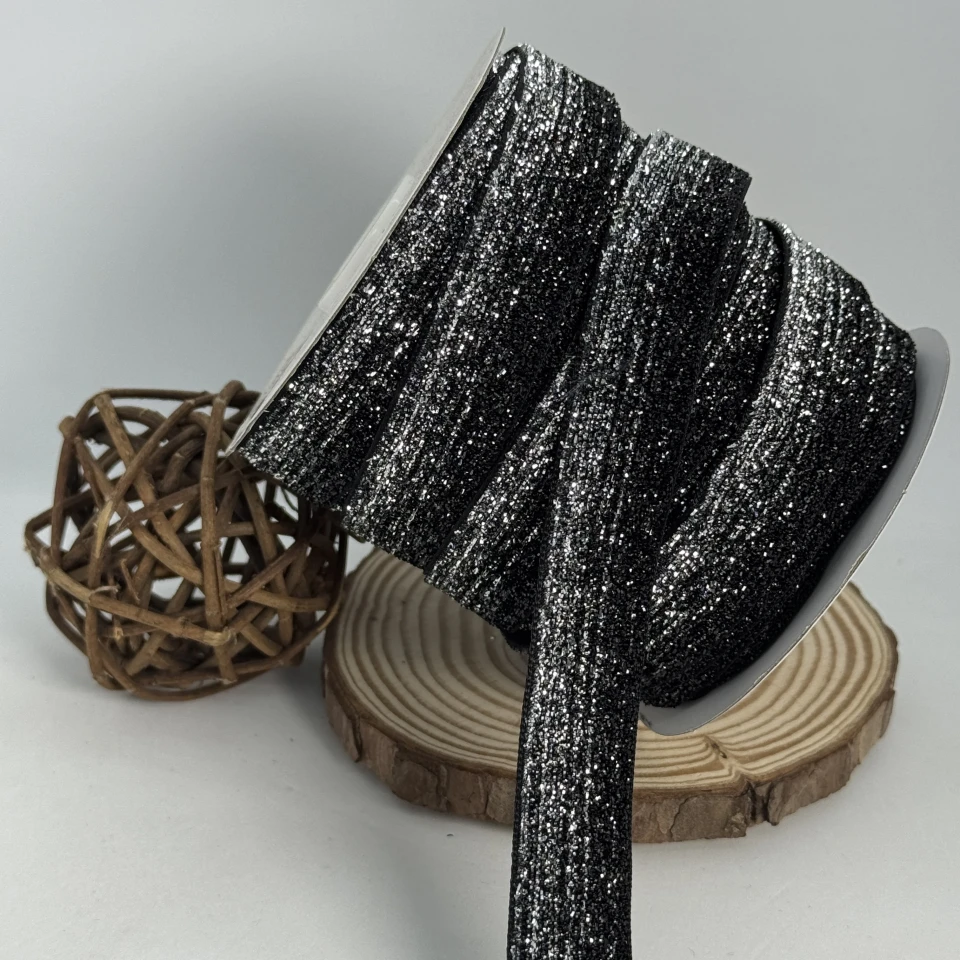 Стрічка оксамитова парча люрекс 2 см (25 ярдів/22,75 м.), 45 чорний + срібло