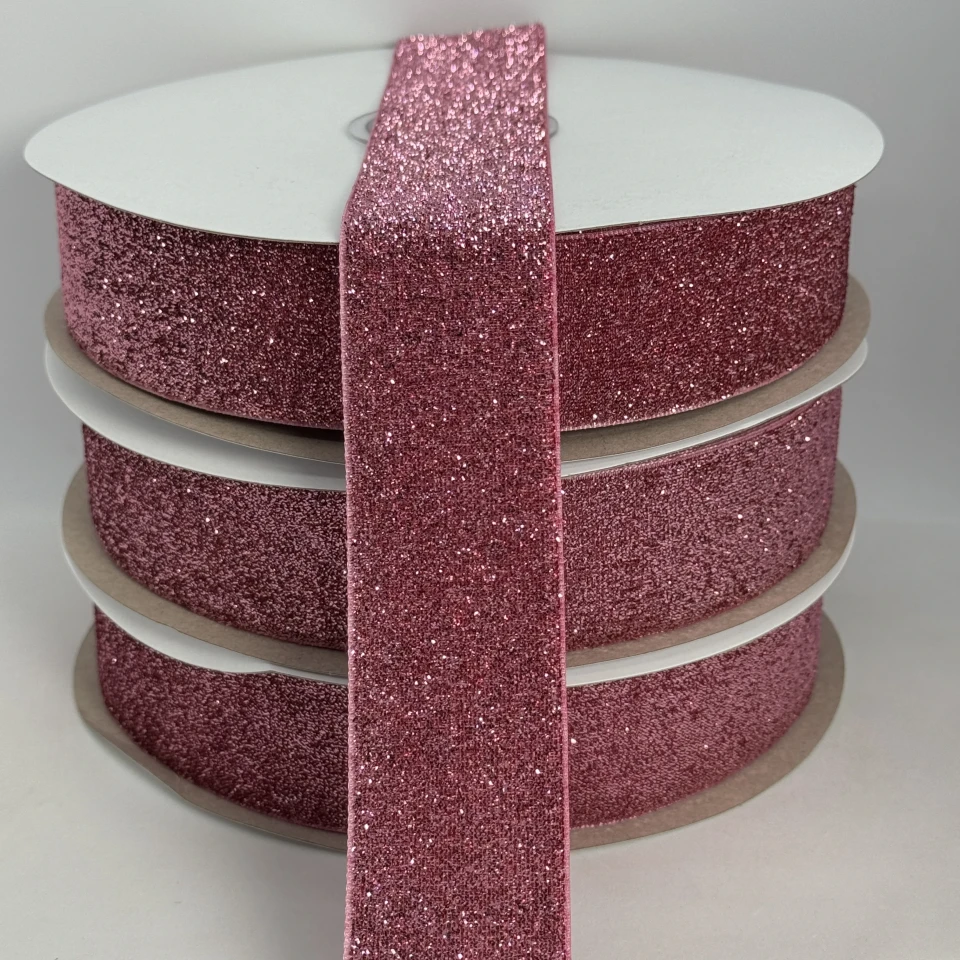 Стрічка оксамитова парча люрекс 3.8 см (25 ярдів/22,75 м.), 18 рожевий