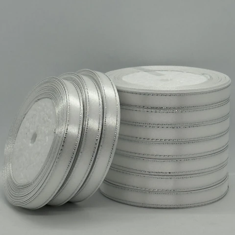 Стрічка атласна з люрекс 1 см+срібло (10*25 ярдів), айворі (білий)