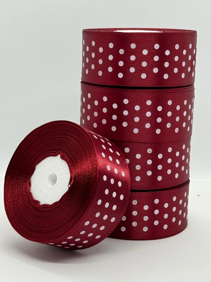 Стрічка атласна в горох 4 см (5*36 ярдів), 48 бордовий + білий