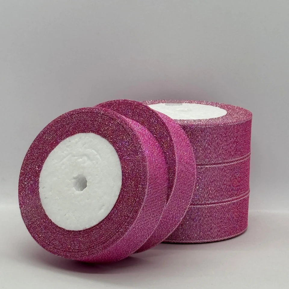 Тасьма парчева 2,5 см (5*25 ярдів/22,75 м.), 89 неон рожевий + срібло