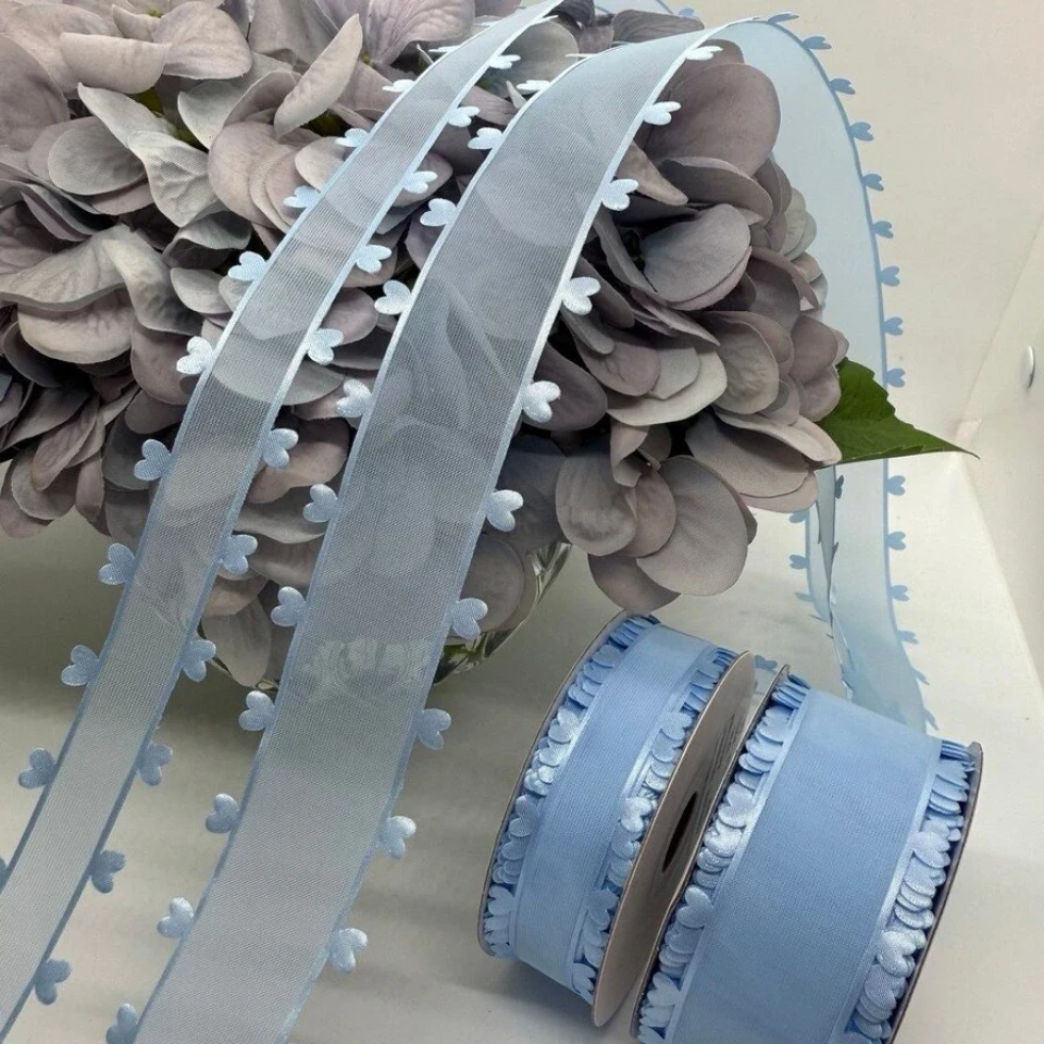 Стрічка декоративна з сердечками 2.5 см (5*20 ярдів/18,28 м.), небесний