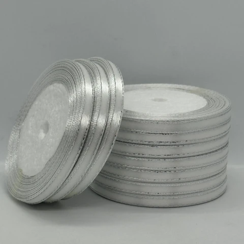 Стрічка атласна з люрекс 0,6 см+срібло (10*25 ярдів), айворі (білий)